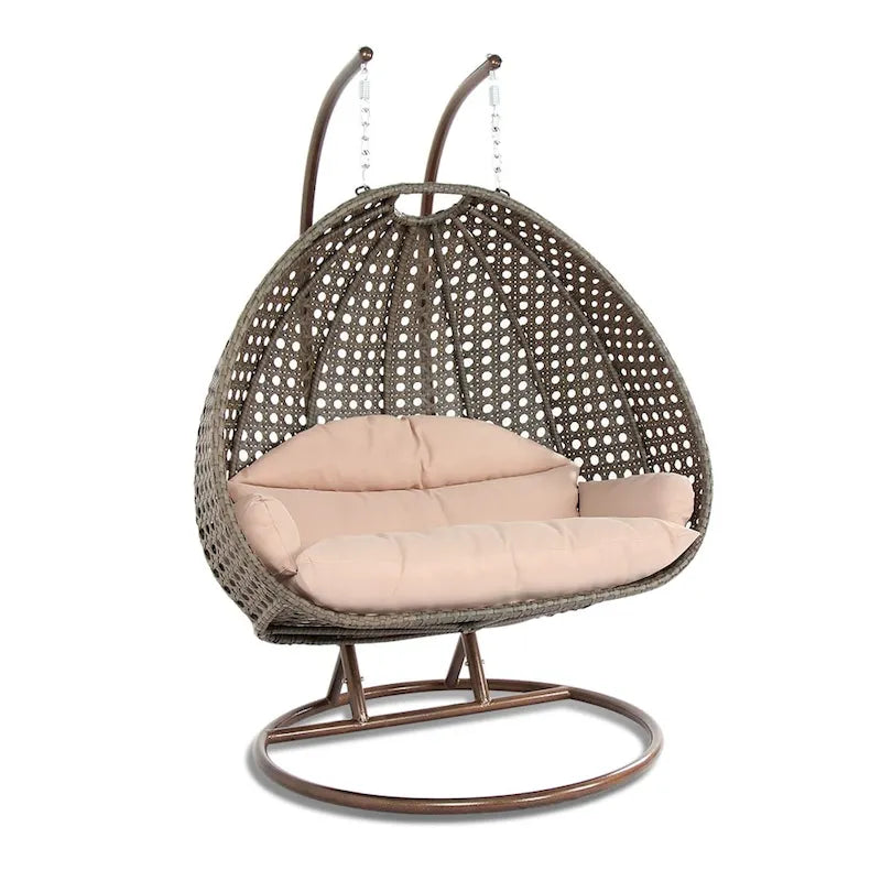 LeisureMod 2 Person Hanging Egg Chair with Stand - Outdoor/Indoor Rattan Wicker Patio Swing Hammock Lounger with Cushions