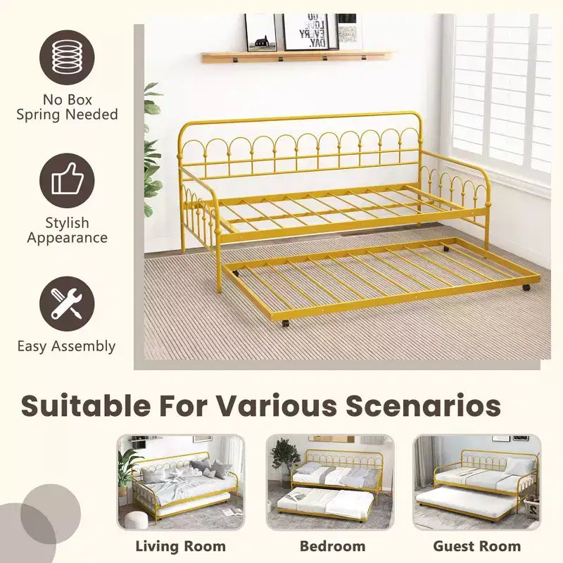Costway Twin Size Metal Daybed with Trundle Space-Saving Sofa Bed Lockable Wheels Gold