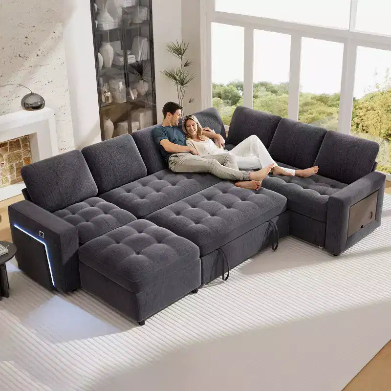Dyonery 7-Seat Modular Sectional Sleeper Sofa with Pull-Out Bed, Reclining Backrest, USB Ports, Table, LED Lights & Storage Seats