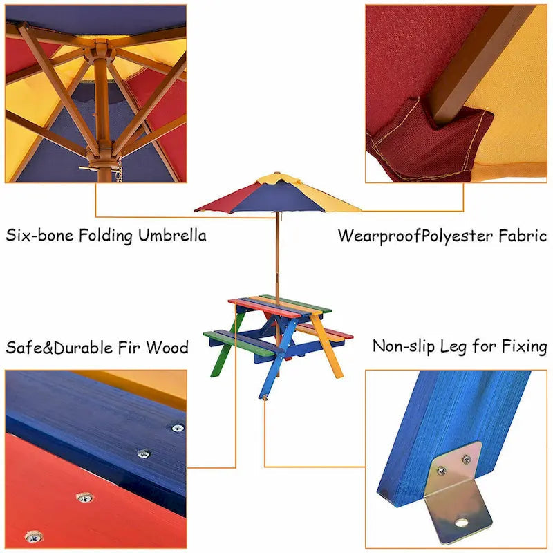 Costway 4 Seat Kids Picnic Table w/Umbrella Garden Yard Folding