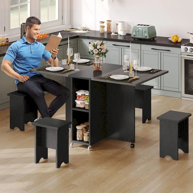 Moasis 5 Pieces 7 Pieces Folding Dining Set with Drop Leaf Table and Storage Stools for up to 6 People