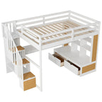 Natural+White Full Solid Wood Loft Bed with Desk & Drawers