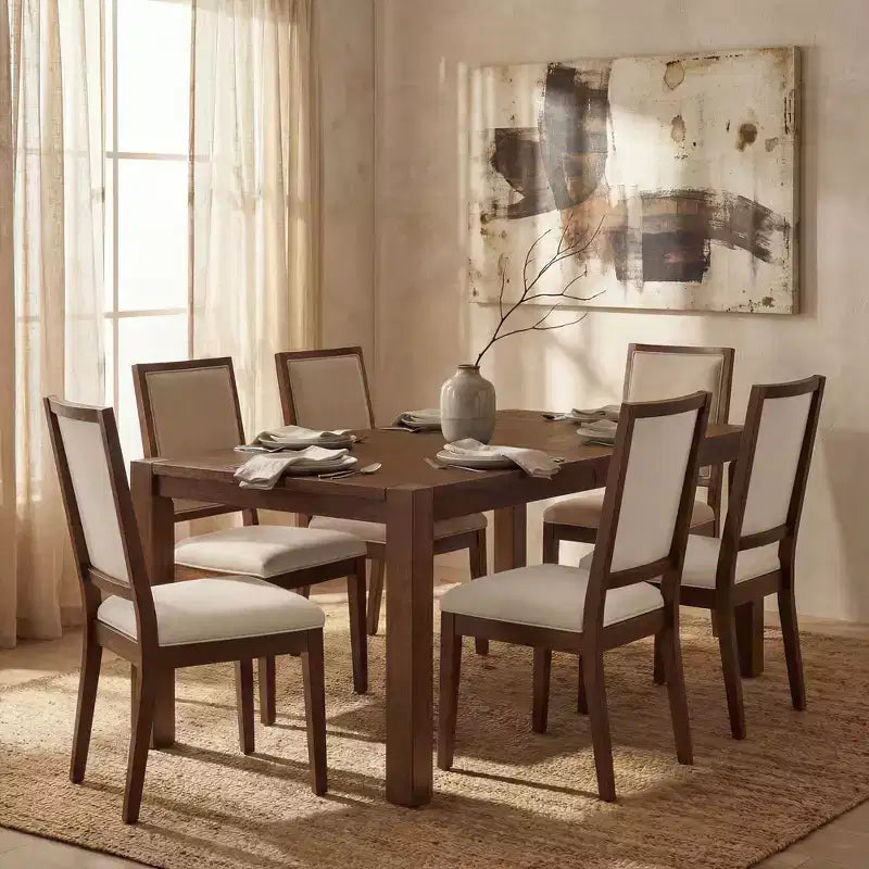 Modern Dining Set - 80 Table + 6 Cushioned Chairs, Solid Wood Frame, 400lbs Table Capacity, Easy Assembly