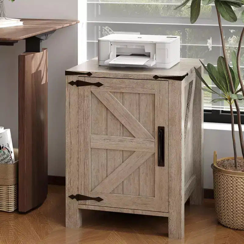 2Pcs Farmhouse Nightstand with Charging Station, Rustic Barn Door Bedside Table with Adjustable Shelf, Small End Table for Bedroom and Living Room