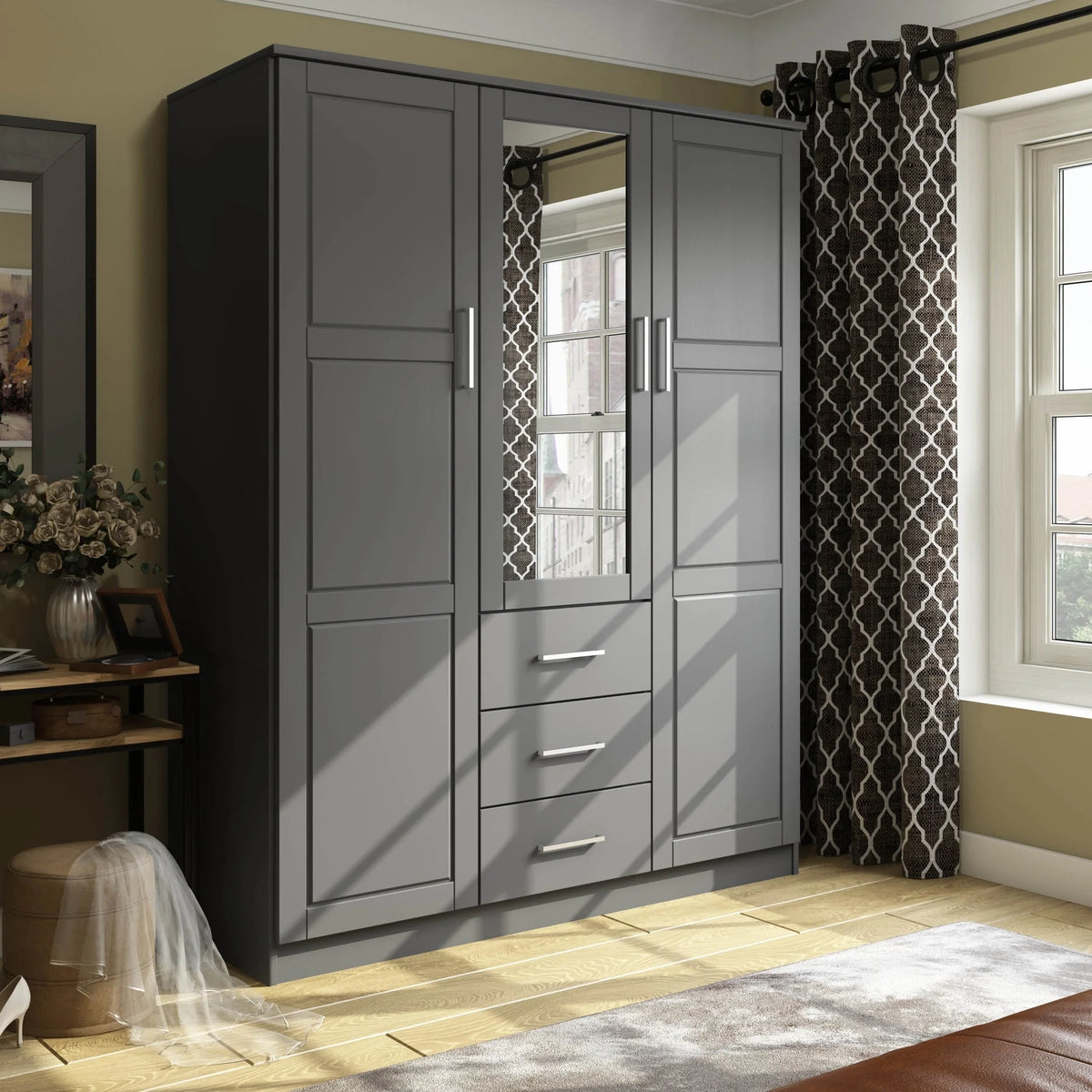 Palace Imports 100% Solid Wood Cosmo 3-Door Wardrobe Armoire with Solid Wood or Mirrored Doors