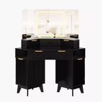 47 Corner Makeup Vanity Desk with Mirror and Light, Wooden Dressing Table with Glass Top & Charging Station, Makeup Vanity Table for Bedroom