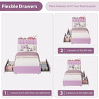 Bed frame with storage headboard, childrens bed frame with 2 drawers, fabric upholstered platform bed, contoured headboard with bookshelf