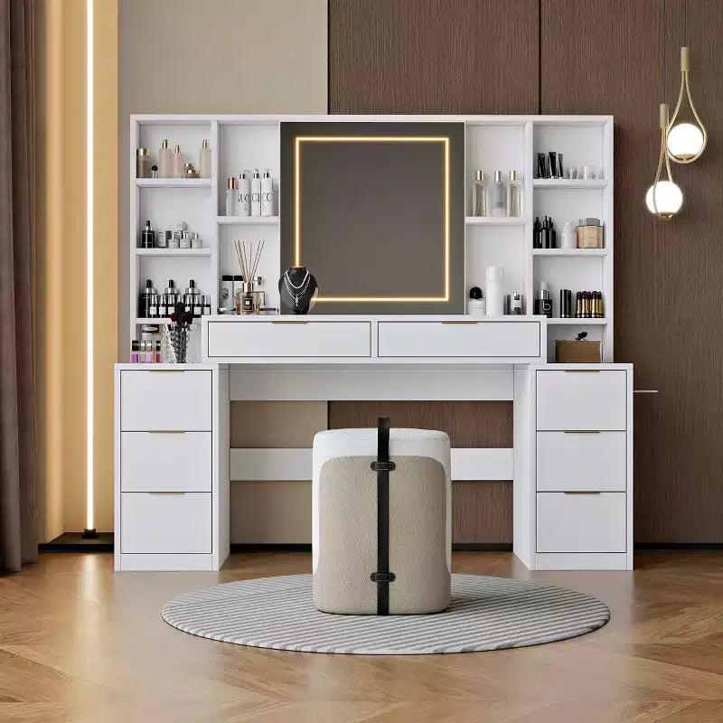 59-Inch Makeup Vanity Desk with Lighted Mirror, 8 Drawers, Open Shelves for Girls Rooms, Dimmable Lighting, Space-Saving Design