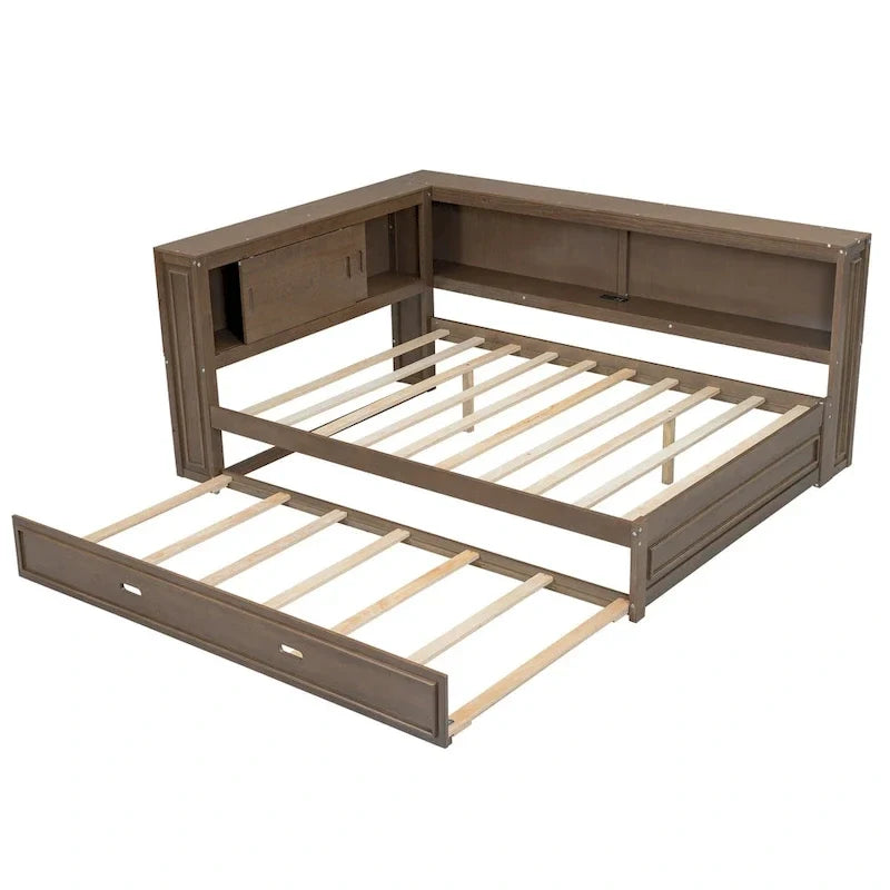 Full Daybed with Shelves, USB Charging, LED Lights & Twin Trundle