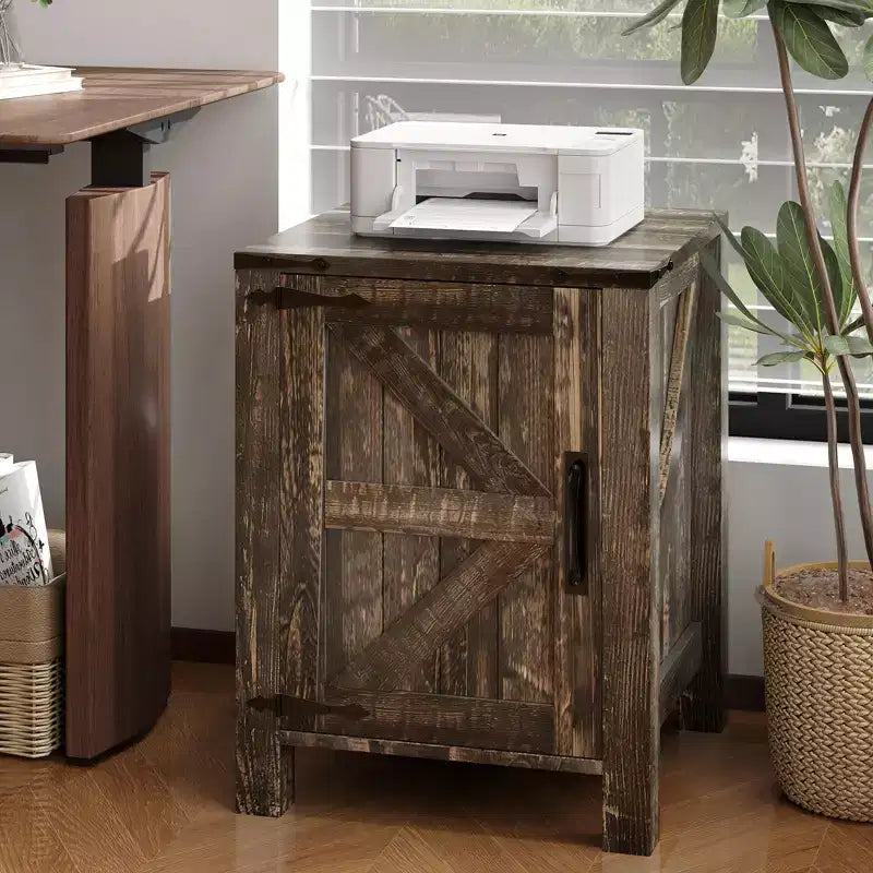 2Pcs Farmhouse Nightstand with Charging Station, Rustic Barn Door Bedside Table with Adjustable Shelf, Small End Table for Bedroom and Living Room