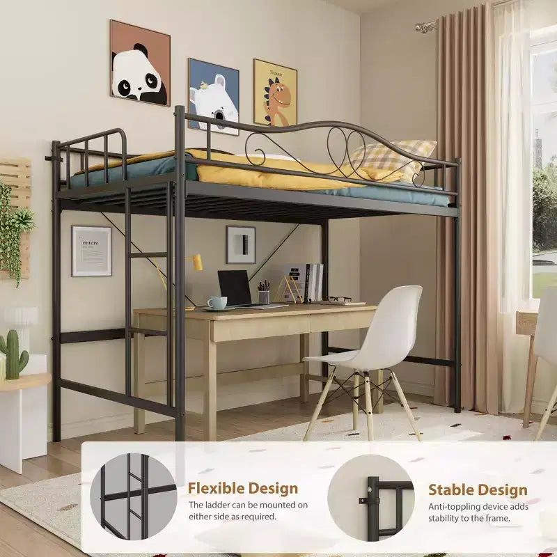 Loft Bed Twin Size with Removable Ladder & Full Safety Guardrail, Twin Loft Bed Heavy-Duty Metal Frame 400 Lbs Weight Capacity, Space Saving