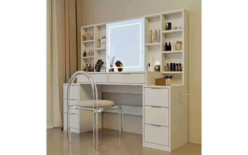 59-Inch Makeup Vanity Desk with Lighted Mirror, 8 Drawers, Open Shelves for Girls Rooms, Dimmable Lighting, Space-Saving Design