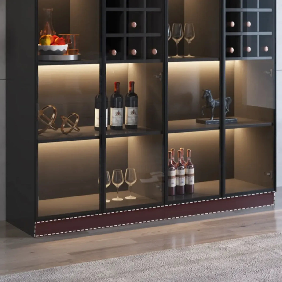 Minimalist Black Wooden Wine Rack Cabinet with Glass Door