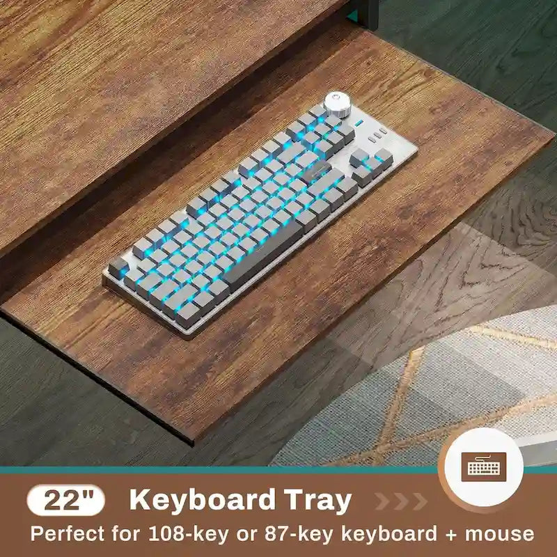 L Shaped Computer Desk Gaming Desk Keyboard Tray Power Outlets & LED