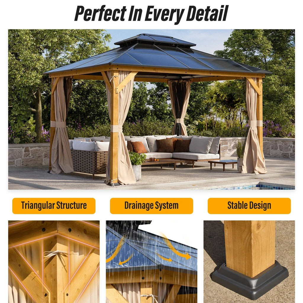 EROMMY Hardtop Gazebo,Outdoor Pergola with Double Roof & Netting & Curtains,Heavy Duty Canopy for Patio, Backyard, Pool party