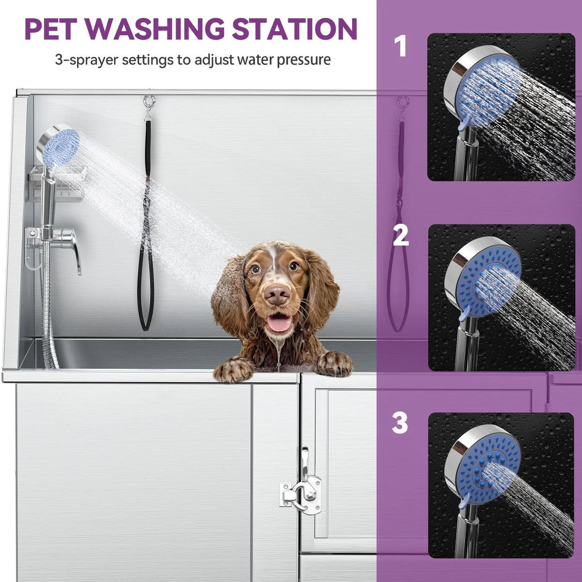 50 W Stainless Steel Adjustable Pet Grooming Tub with Steps Ramp
