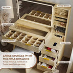 48 Fluted Makeup Vanity Desk with Mirror & LED Lights, Charging Station, Cushioned Storage Stool for Bedroom