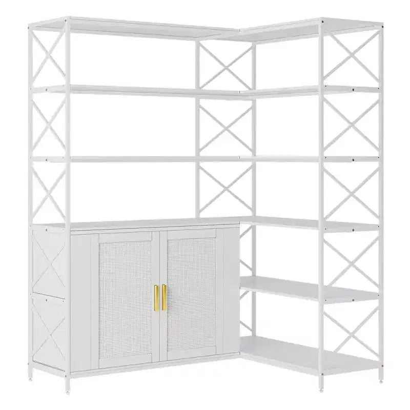 Corner Bookshelf - 6 Tier Corner Book Shelf with Storage, Farmhouse L Shaped Book-Shelf with Cabinet, Modern Industrial Bookcase for Home Office