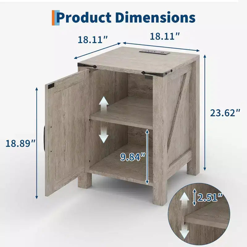 2Pcs Farmhouse Nightstand with Charging Station, Rustic Barn Door Bedside Table with Adjustable Shelf, Small End Table for Bedroom and Living Room