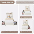 Bed frame with storage headboard, childrens bed frame with 2 drawers, fabric upholstered platform bed, contoured headboard with bookshelf