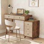 Lantine 39-Inch Writing Desk with 5 Drawers & Retractable Cabinet, Small Expandable Computer and Vanity Table for Small Spaces, Brown