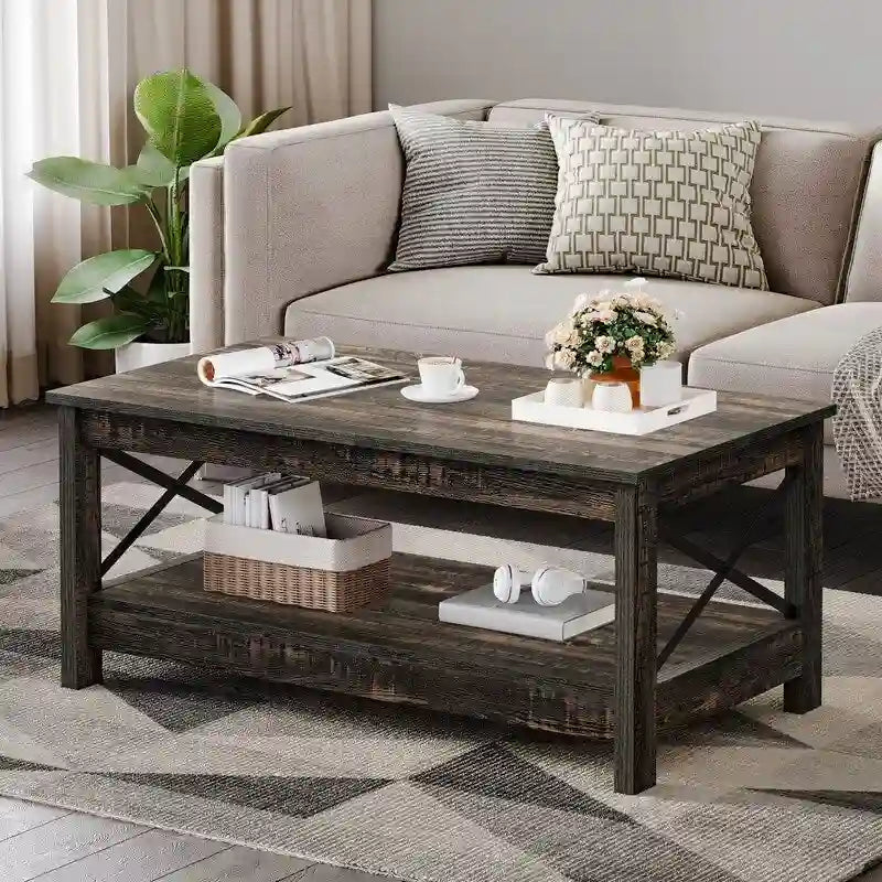 Farmhouse Coffee Table with Storage 2-Tier Center Table for Living Room