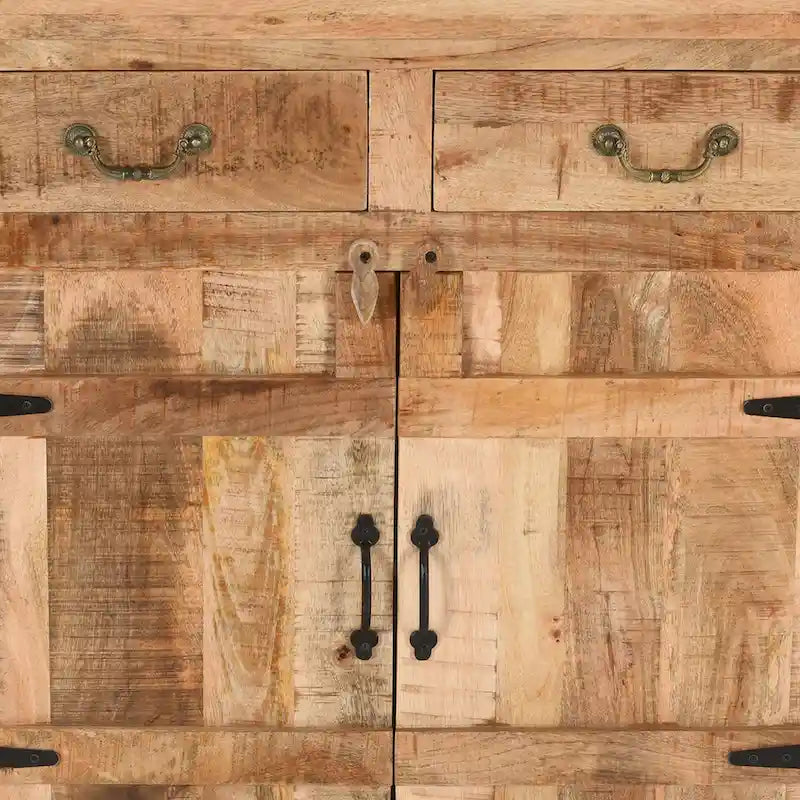 39 Inch Artisanal Farmhouse Style 2 Drawer Mango Wood Cabinet Console with 2 Door Storage Rustic Brown