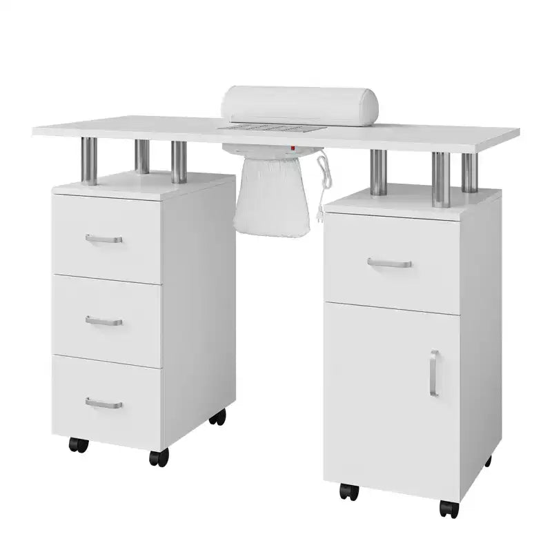 Manicure Table Nail Desk Station with Dust Collector, Locking Castors, Wrist Cushion & Storage for Home, Nail Tech & Beauty Salon