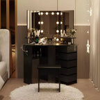 Corner Makeup Vanity Desk with Lights, Dressing Table with Power Outlet and Rotating Drawers for Bedroom