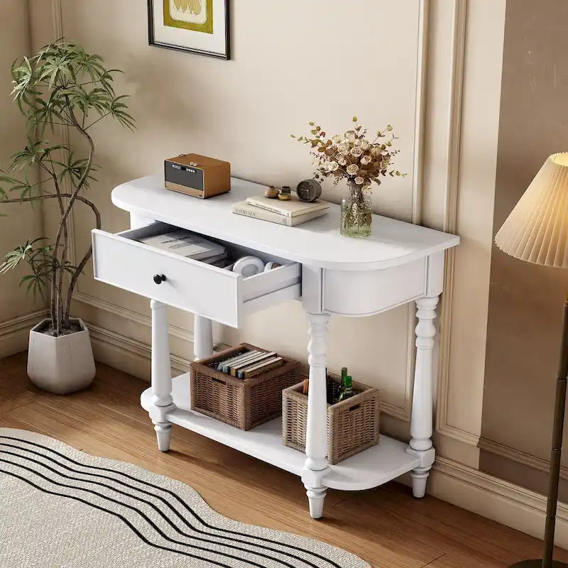 Retro Narrow Console Table with Curved Corner, Top Drawer & Open Shelf