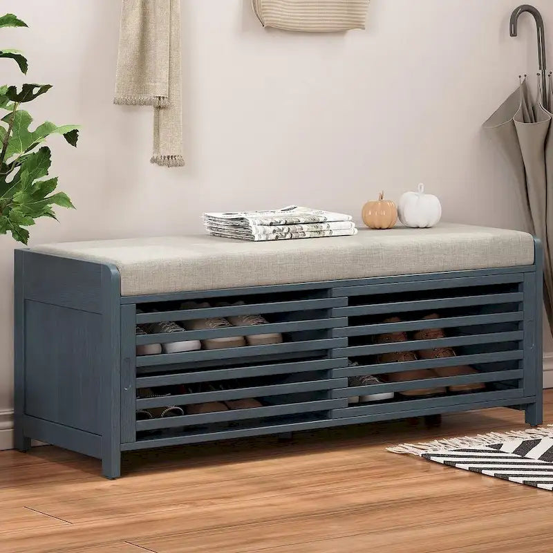 43.30 Solid Wood Storage Bench with Contemporary Distressed Blinds