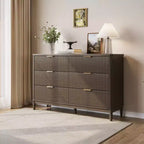 LINSY HOME Fluted 6 Drawer Dresser for Bedroom, Mid Century Modern Large Chest of Drawers with Gold Metal Handles, Wide Boho Wood Dressers