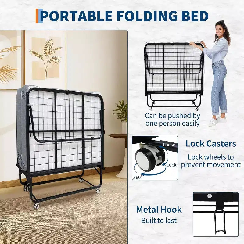Folding Bed with Mattress for Adults,Portable Rollaway Guest Beds , Foldable Metal Frame Bed with 5 Memory Foam Mattress & Side Storage Pocket