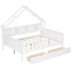 Full Size House Bed Frame with Drawers, House Platform Bed with LED Lights, Storage Shelves & Drawers, Wood Daybed with Roof and Guardrail