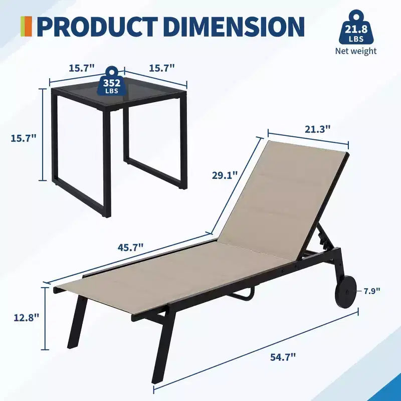 GustoWave Outdoor Chaise Lounge Chairs Set of 3, 5-Position Adjustable Backrest, with Wheels & Side Table for Patio, Poolside and Beach