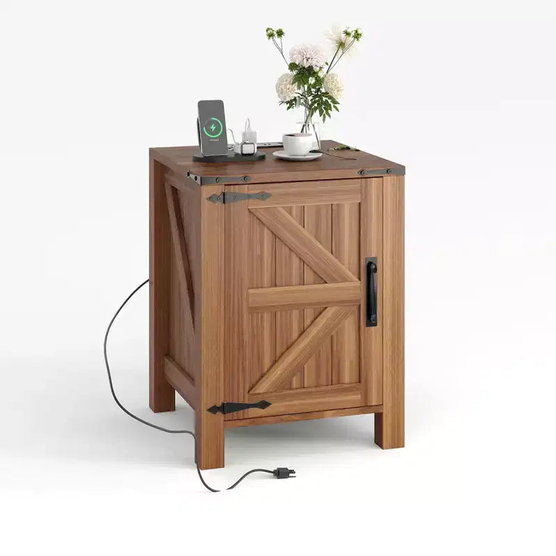 2Pcs Farmhouse Nightstand with Charging Station, Rustic Barn Door Bedside Table with Adjustable Shelf, Small End Table for Bedroom and Living Room