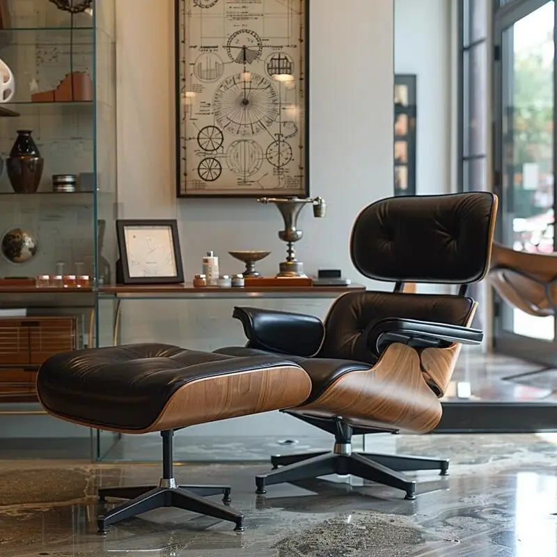 Furgle Genuine Leather Accent Lounge Chair and Ottoman Walnut Wood