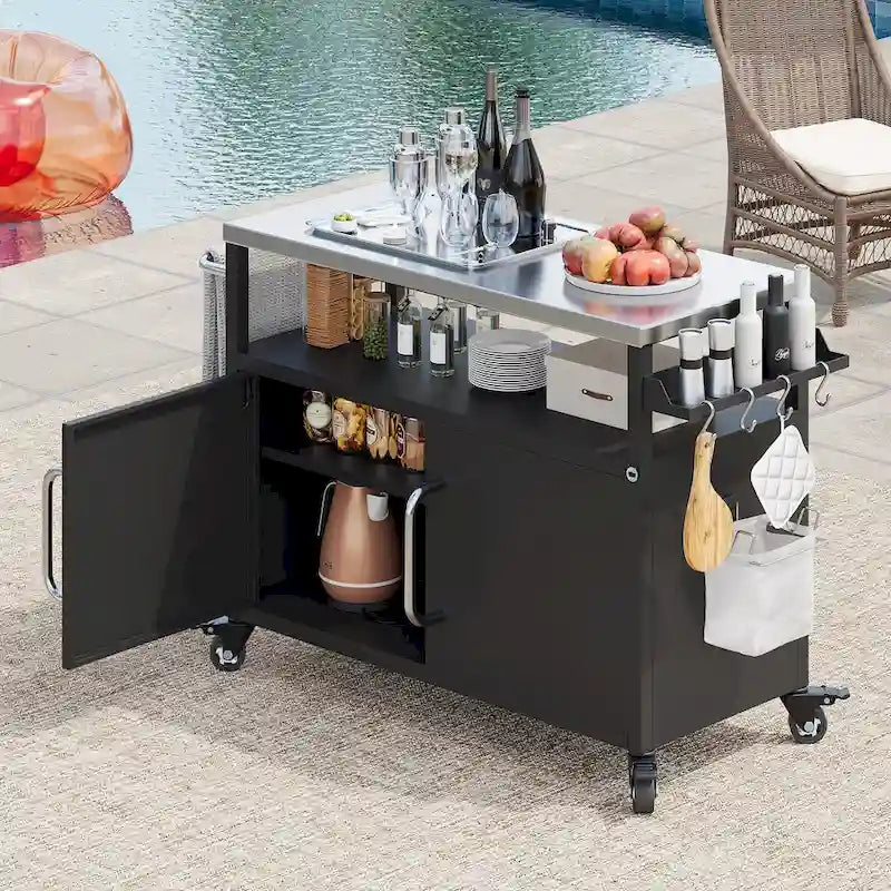 Outdoor Kitchen Island With Stainless Steel Tabletop,Metal Grill Cart Table With Storage Cabinet - N/A