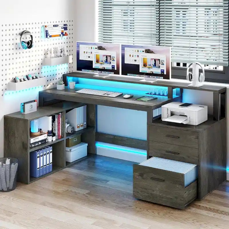 65 L-Shaped Corner Desk with RGB LED, Monitor Stand & Storage Cabinet â€?1-Person | White / Oak / Charcoal Grey / Black