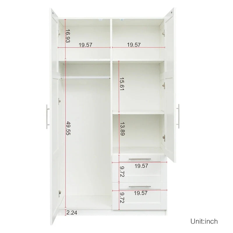 White Wood Wardrobe Armoire Storage Cabinet with Doors,Drawers,Hanging Rod