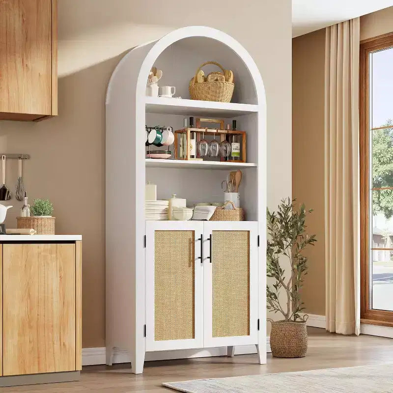Acekool Arched Pantry Cabinet with Rattan Doors, 5-Tier Farmhouse Storage Cabinet for Kitchen Dining Living Room