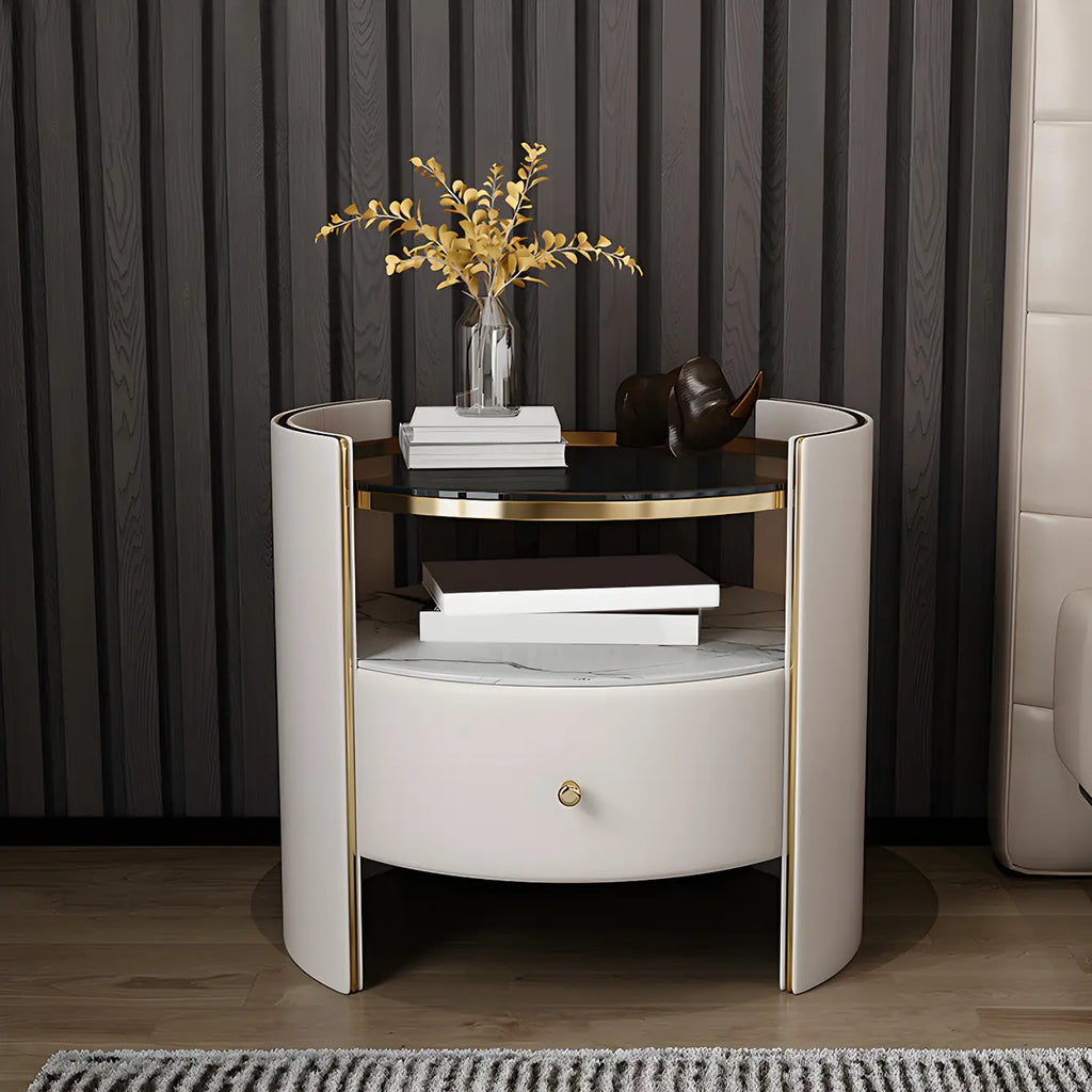 Luxury Glass Top Nightstand with Drawer Storage and Open Cubby