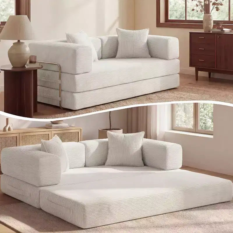 Dyonery 65-in five-in-one folding floor sofa bed, convertible into a double bed sofa bed, with a fixed metal frame, corduroy