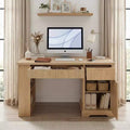 GDFStudio Haoran 55 Modern Fluted Office Desk with Power Outlet, Keyboard Tray, Door and Drawers