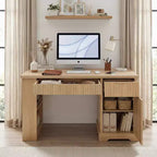 GDFStudio Haoran 55 Modern Fluted Office Desk with Power Outlet, Keyboard Tray, Door and Drawers