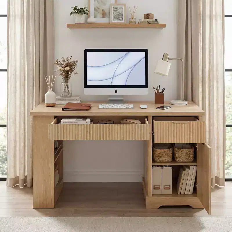 GDFStudio Haoran 55 Modern Fluted Office Desk with Power Outlet, Keyboard Tray, Door and Drawers