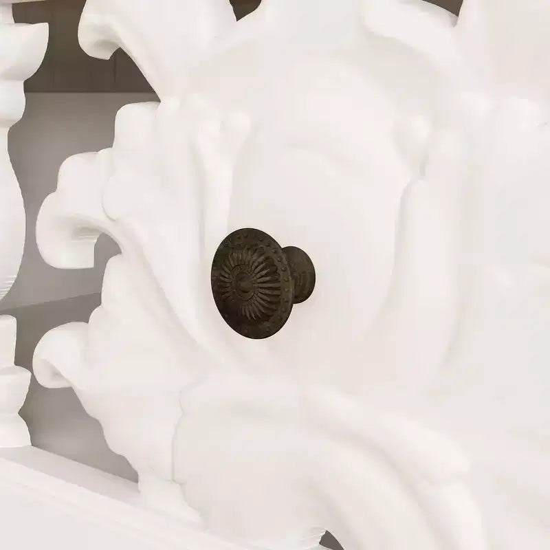 Famapy White Bookcase with Classic Aesthetics:Ornate Hollow Relief Doors & Versatile Storage
