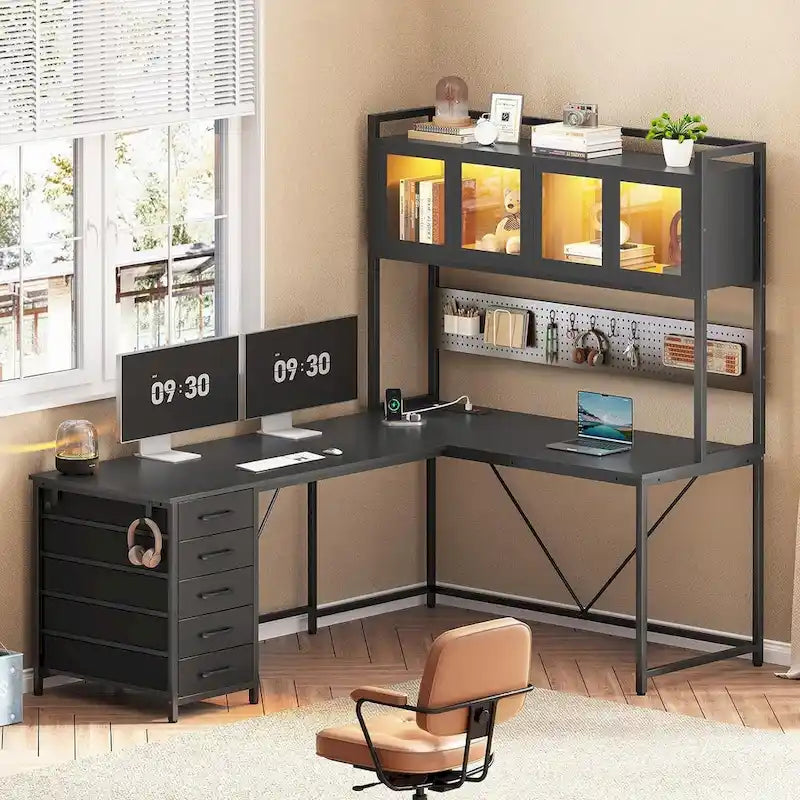 L Shaped Gaming Desk Computer Desk Pegboard 5 Drawers Storage Shelf