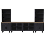 Black + Dark Walnut Farmhouse TV Entertainment Center with Bookshelves & Tempered Glass Doors for TVs Up to 70