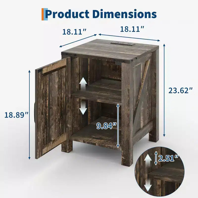 2Pcs Farmhouse Nightstand with Charging Station, Rustic Barn Door Bedside Table with Adjustable Shelf, Small End Table for Bedroom and Living Room
